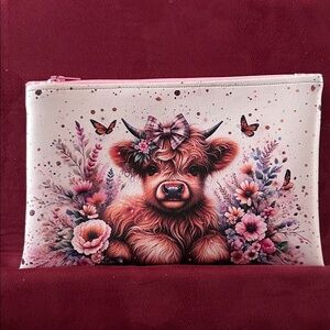 Hand Crafted Colorful Highland Cow Print Vinyl Pouch PINK PURPLE